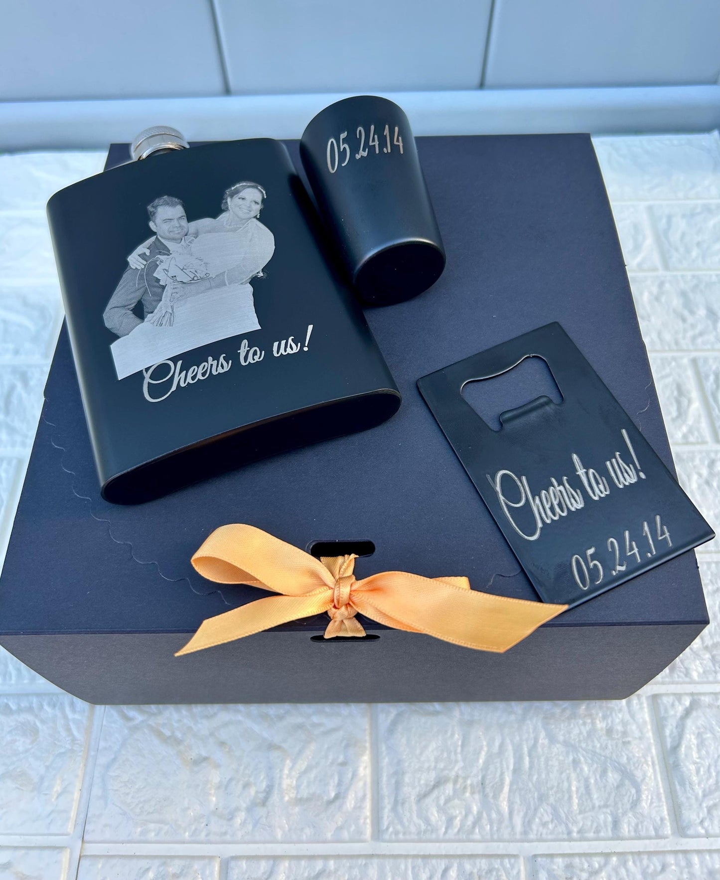 Laser engraved photo flask gift set with shot glass and bottle opener groomsmen anniversary gifts