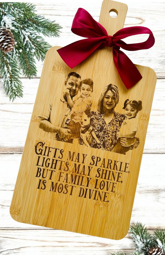 Laser engraved bamboo paddle photo serving board