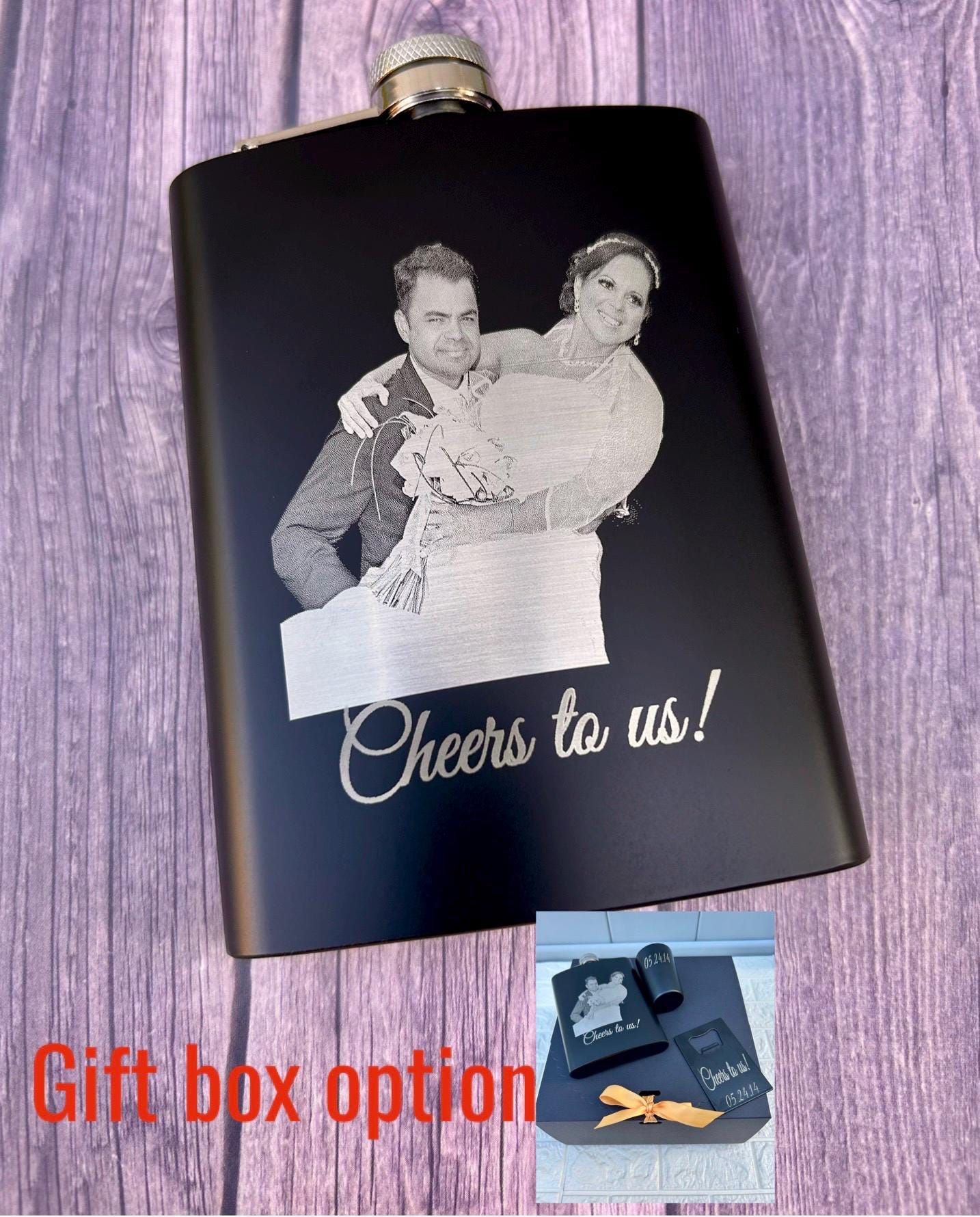 Laser engraved photo flask gift set with shot glass and bottle opener groomsmen anniversary gifts