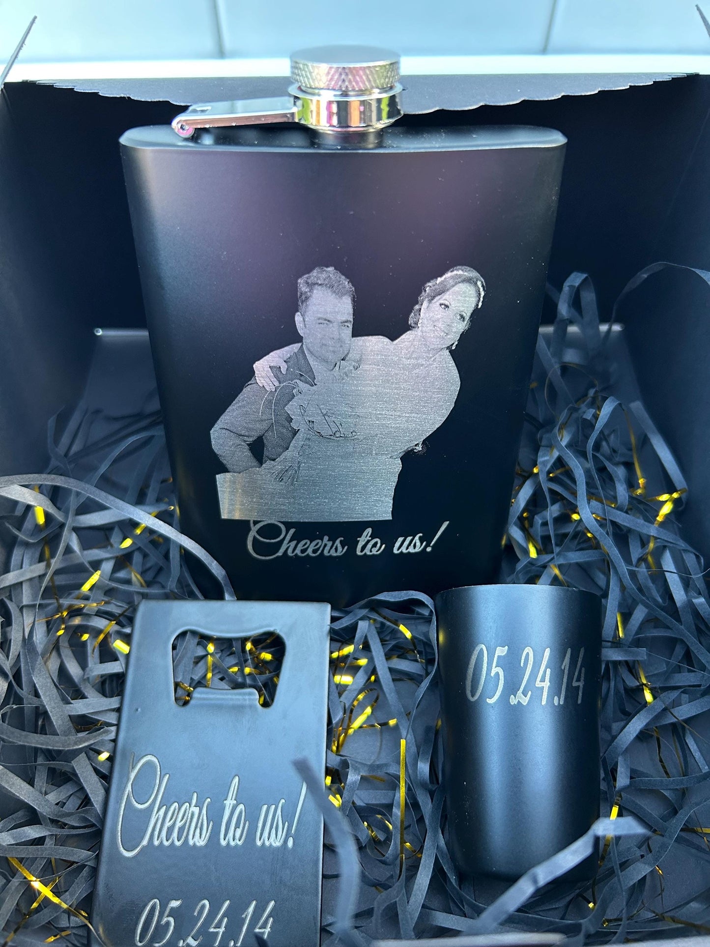 Laser engraved photo flask gift set with shot glass and bottle opener groomsmen anniversary gifts