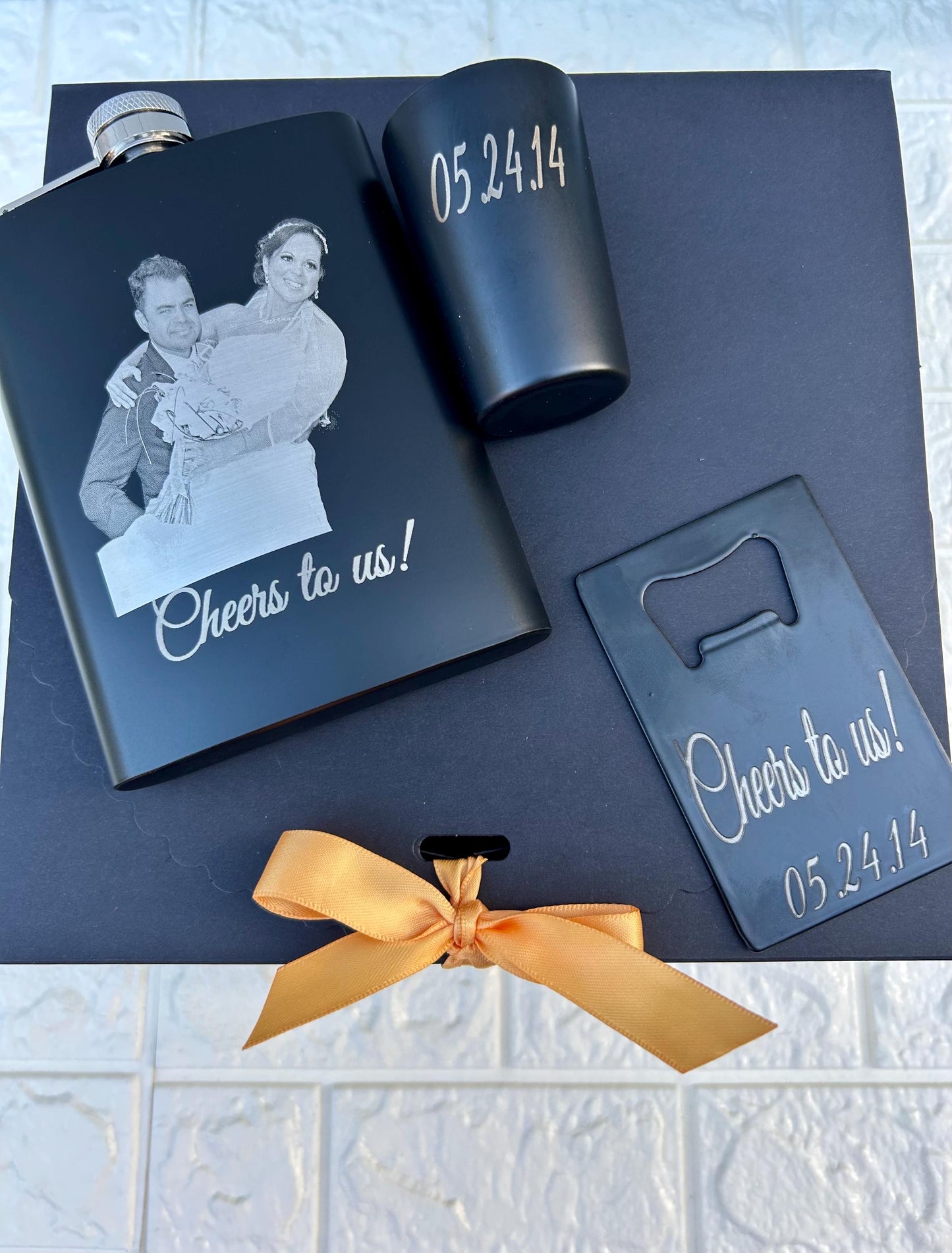 Laser engraved photo flask gift set with shot glass and bottle opener groomsmen anniversary gifts