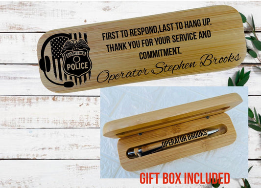 Laser engraved personalized  bamboo pen with bamboo box gift set police dispatcher appreciation gift police operator gift 911 dispatcher