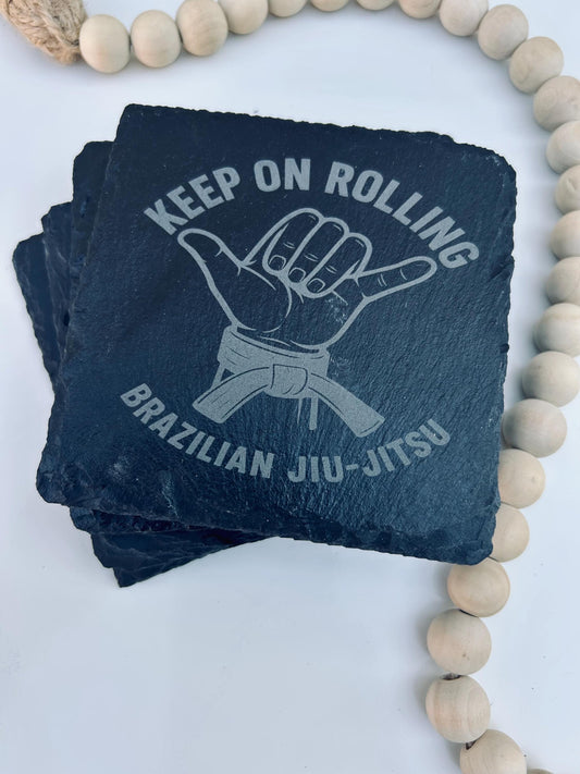 BJJ Brazilian Jiu Jitsu 4 pc laser engraved slate Coasters set