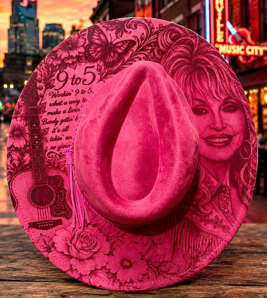 Dolly Parton laser engraved Pink vegan suede hat
