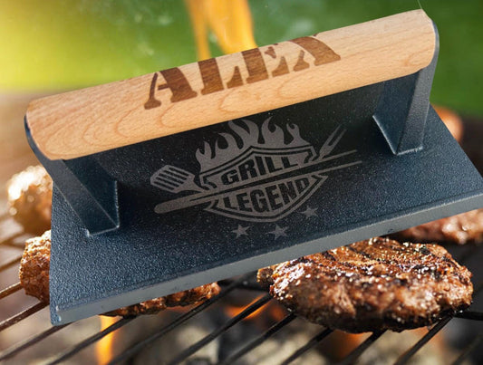 Personalized cast iron grill burger press laser engraved smash burger grill press grilling tools personalized