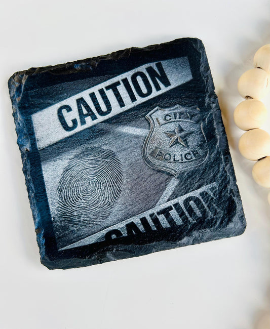 CSI Slate coaster , Laser Engraved Slate Coaster, Rustic Stone Coaster Gift,  Engraved Coaster, Drink Coaster Crime scene coaster