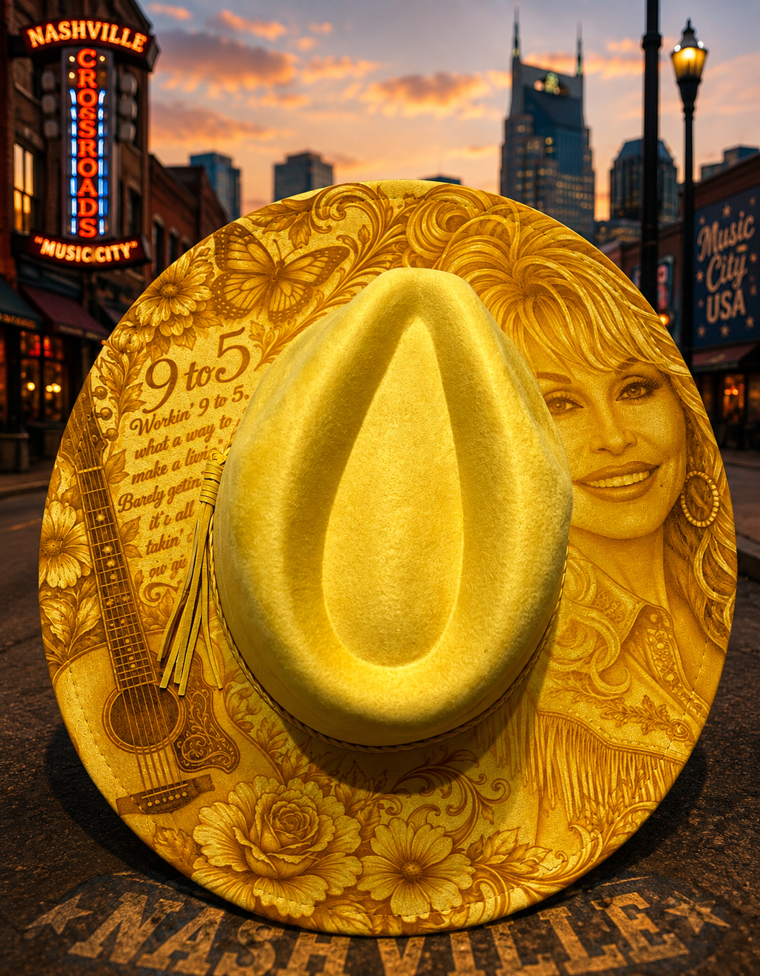 Dolly Parton laser engraved Golden Yellow vegan suede hat