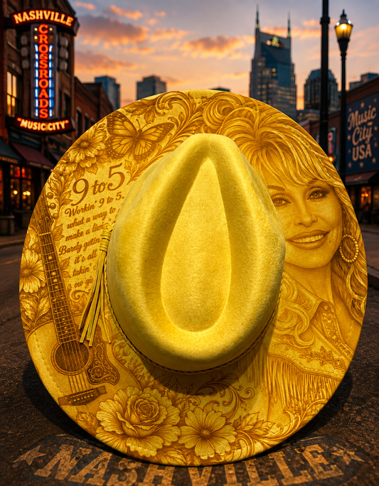 Dolly Parton laser engraved Golden Yellow vegan suede hat