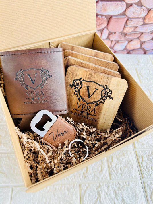Gift set for him Father’s Day gift set Dad gift set Pop engraved drink cooler engraved keychain engraved drink coasters