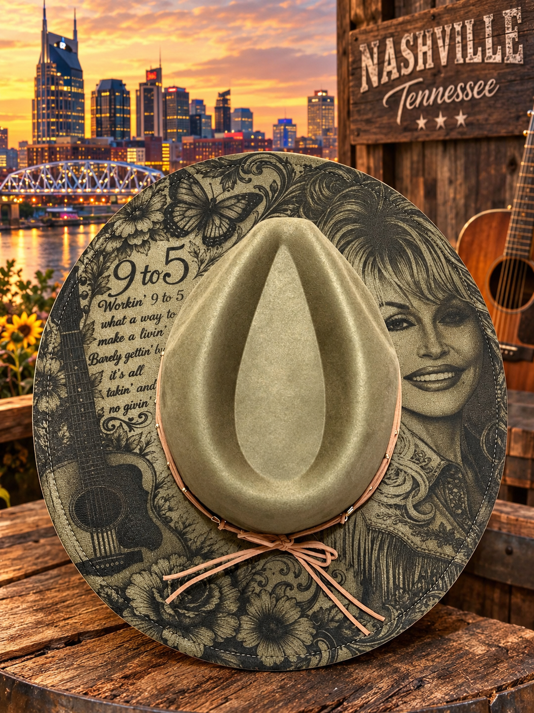 Dolly Parton laser engraved Olive Green vegan suede hat