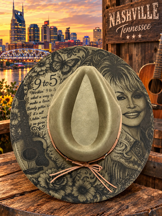 Dolly Parton laser engraved Olive Green vegan suede hat