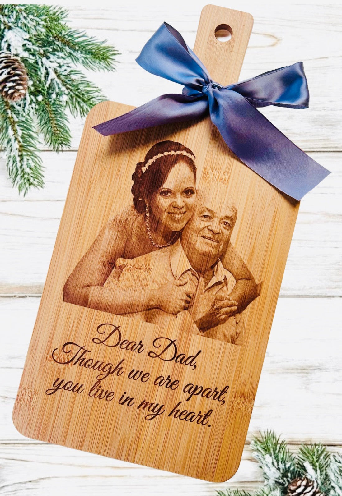 Laser engraved bamboo paddle photo serving board