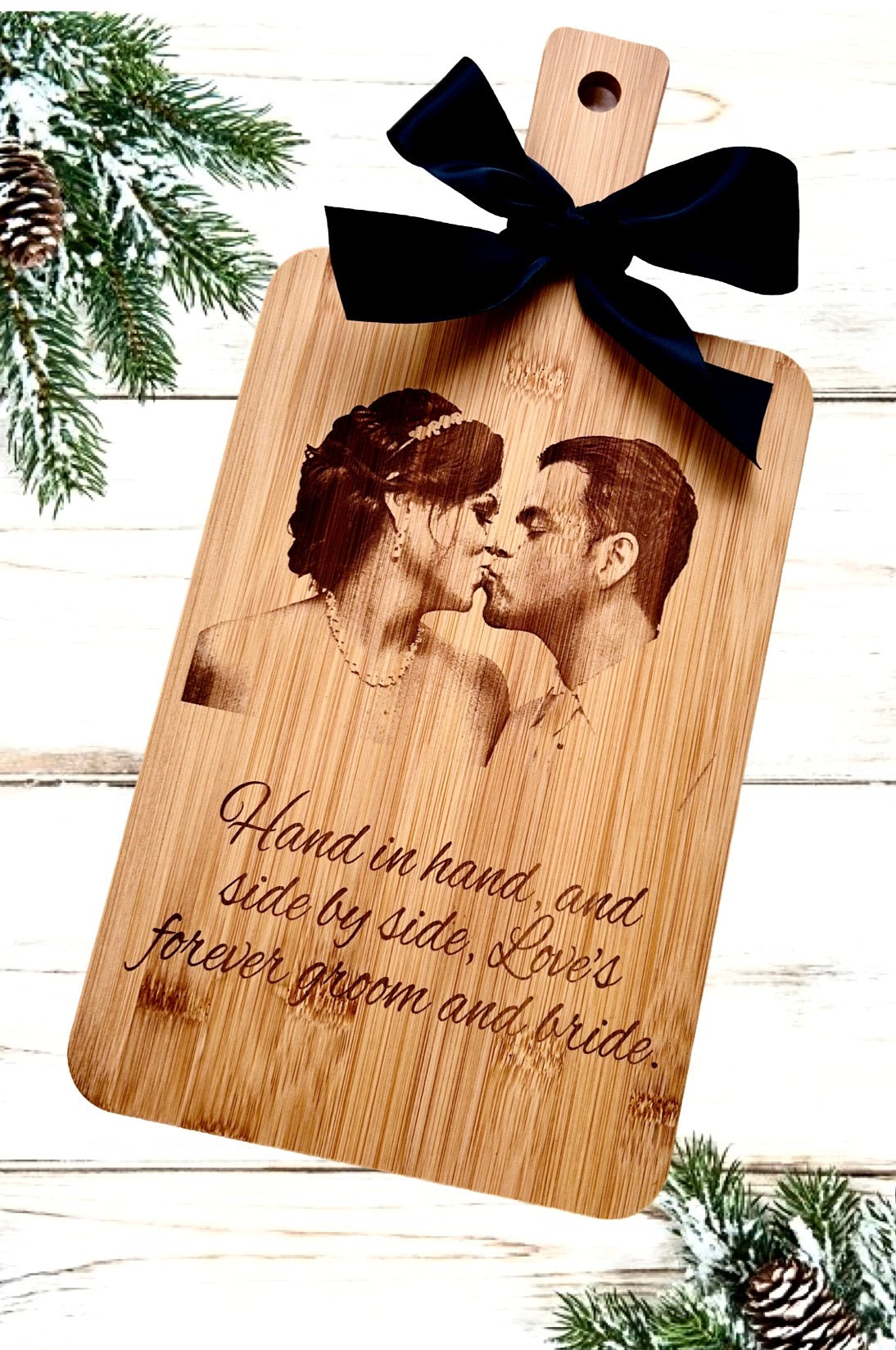 Laser engraved bamboo paddle photo serving board