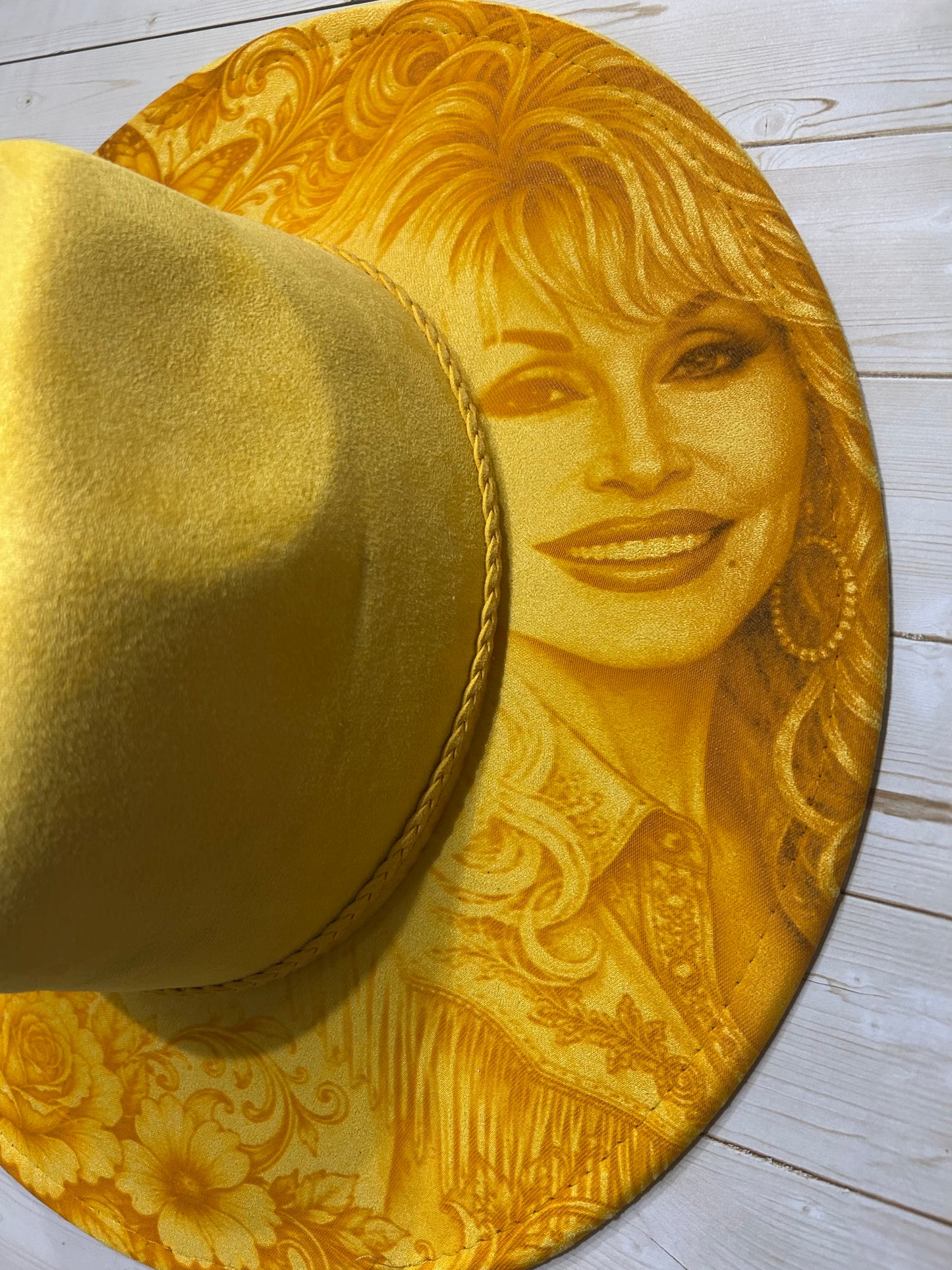 Dolly Parton laser engraved Golden Yellow vegan suede hat
