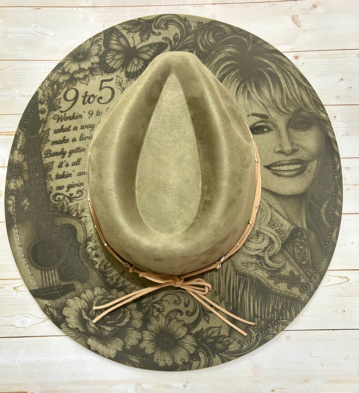 Dolly Parton laser engraved Olive Green vegan suede hat