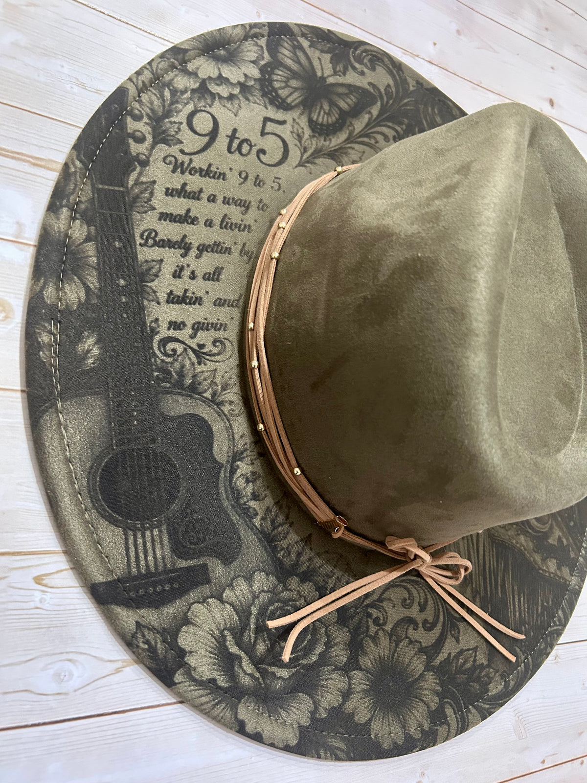 Dolly Parton laser engraved Olive Green vegan suede hat