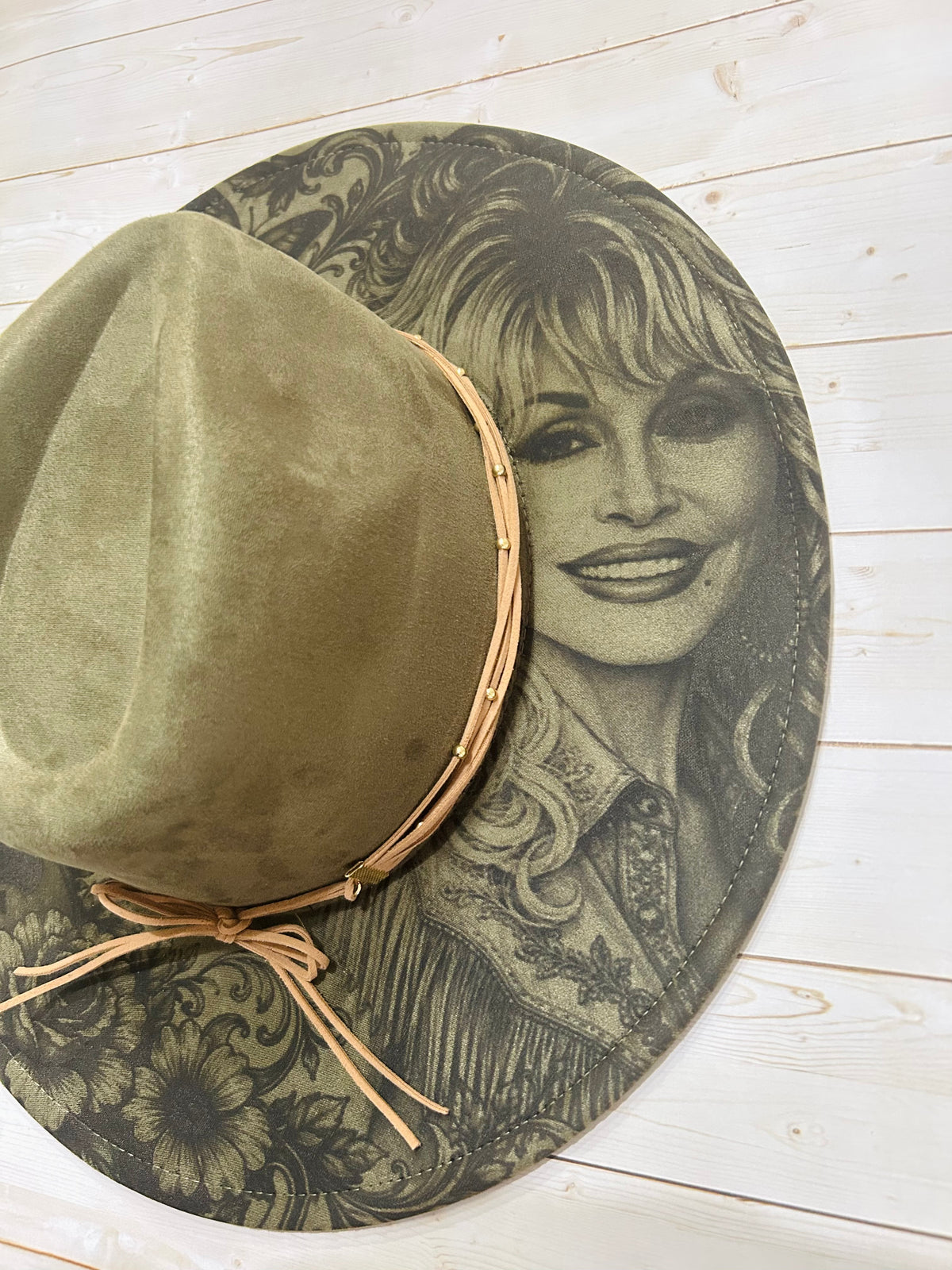Dolly Parton laser engraved Olive Green vegan suede hat