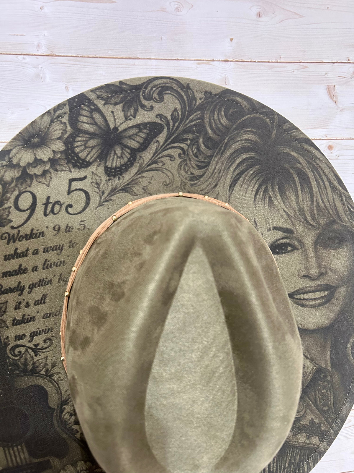 Dolly Parton laser engraved Olive Green vegan suede hat