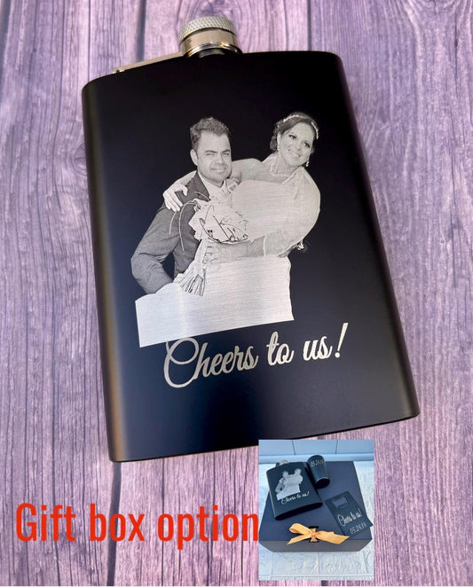 Laser engraved photo flask gift set with shot glass and bottle opener groomsmen anniversary gifts