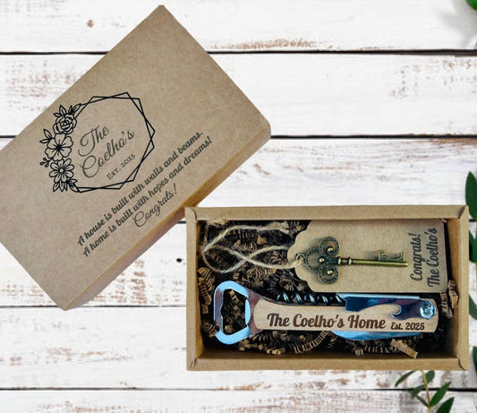 Personalized realtor closing gift laser engraved corkscrew bottle opener set with personalized gift box  with vintage key