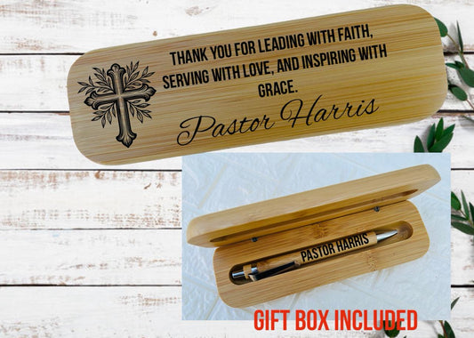 Laser engraved personalized  bamboo pen with bamboo box gift set Pastor religious  gift set