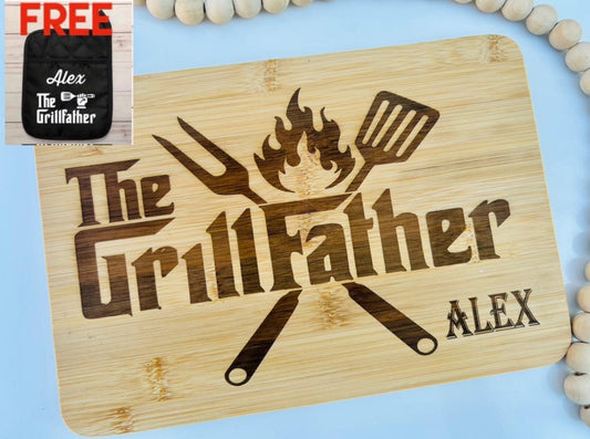 Personalized laser engraved Father’s Day The Grillfather grill father  cutting board with FREE POT HOLDER